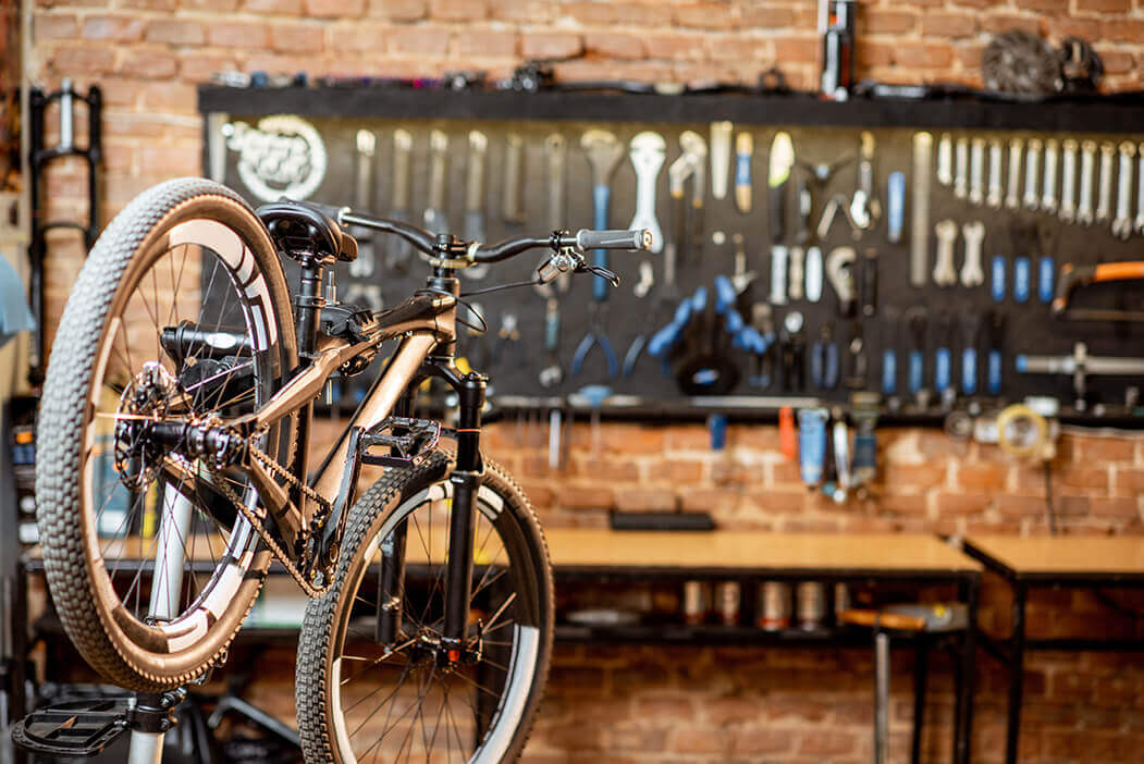 A bicycle in a repair shop