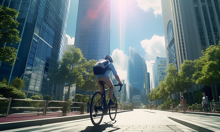 A person wearing a helmet riding their bike in city